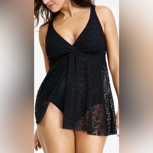 Swim Solutions Other - Swim Solutions Black Crochet Flyaway Tummy Control Swimdress Women Size 8